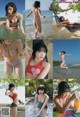 A collage of photos of a woman in a bikini in the water.